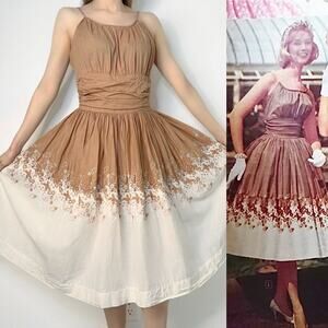 Vintage 1950s Mocha Beige Heavily Embroidered Floral Skirt Cotton Sundress Small